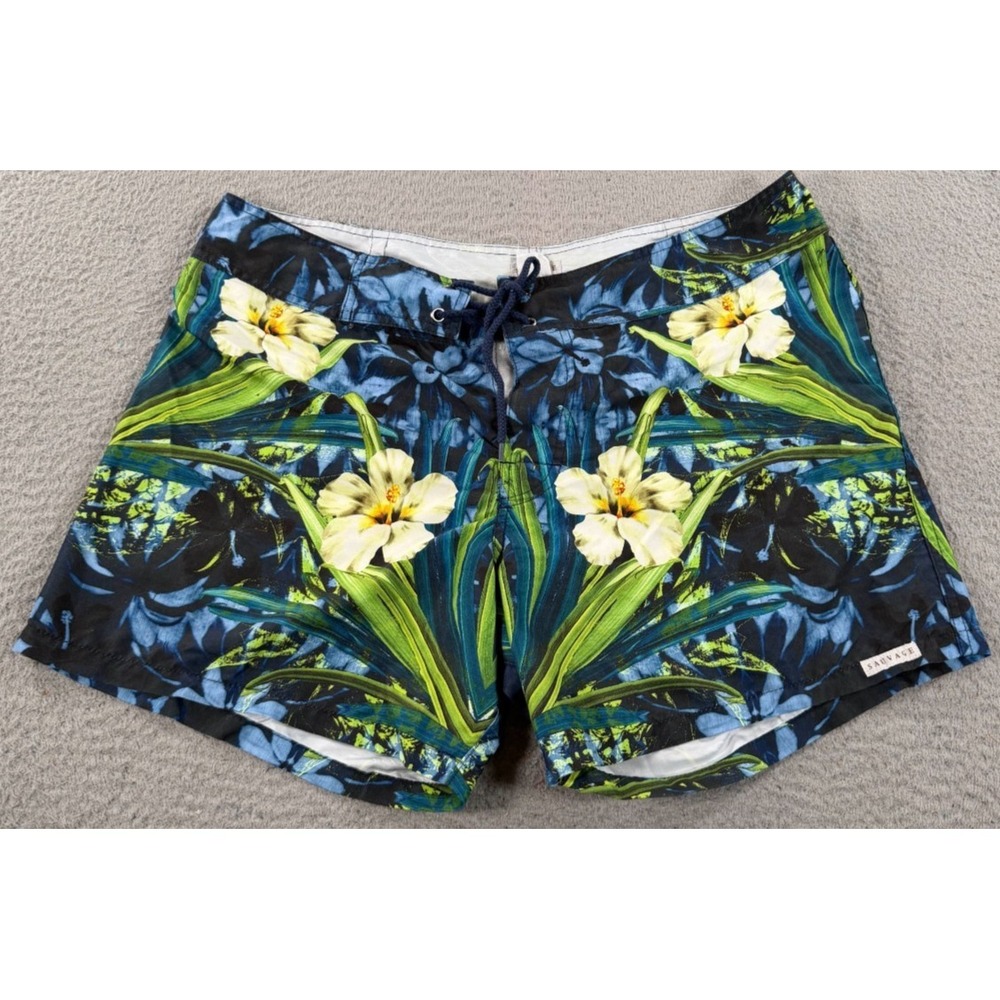 Sauvage California Swim Trunks Shorts Men's 38 Blue‎ Hibiscus Flower Made In USA